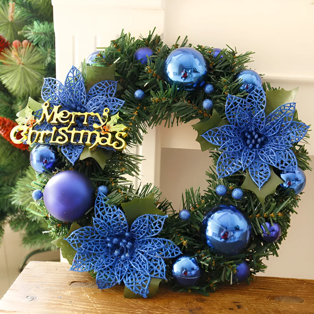 30cm multicolour plastic Christmas wreath with bendable branches on a red door.