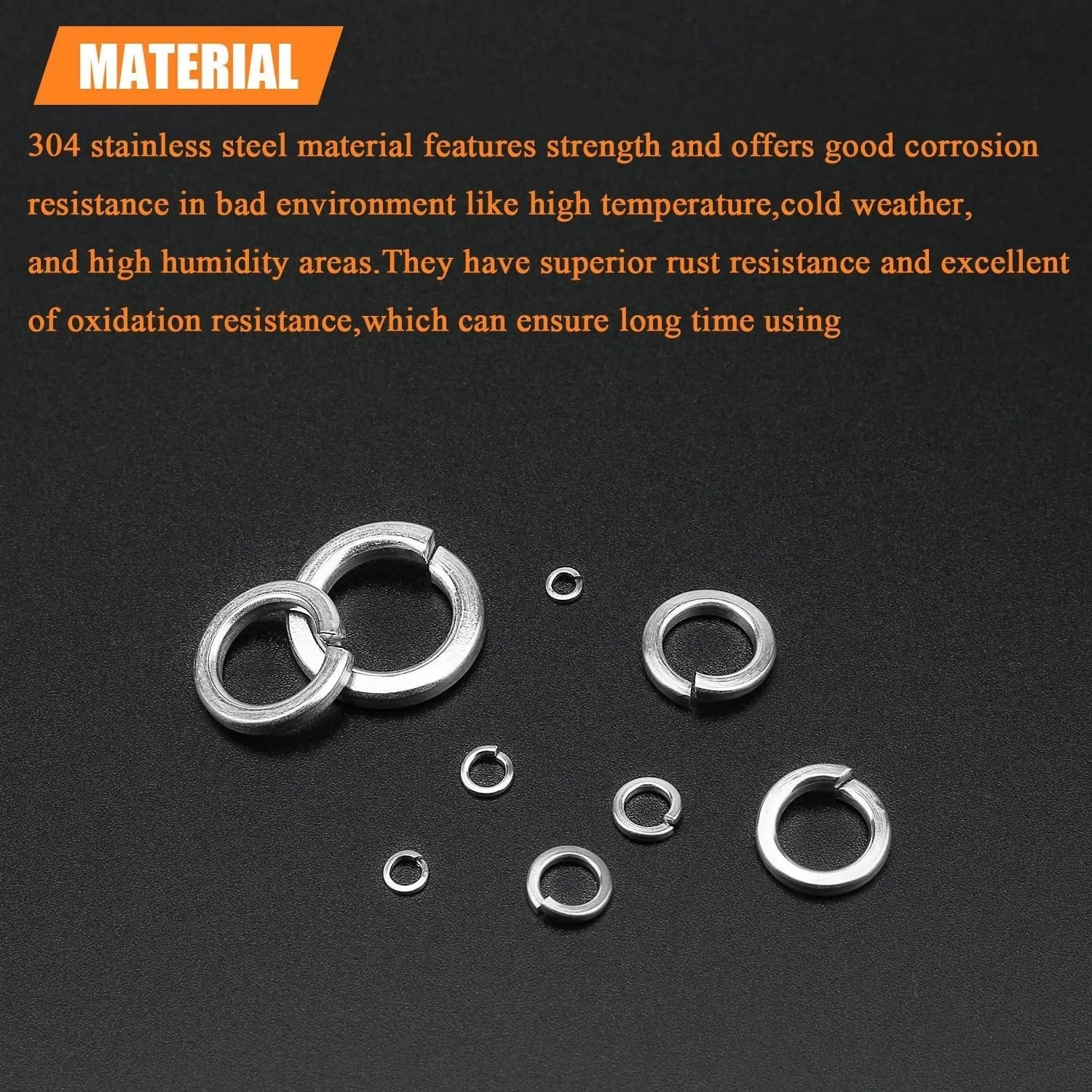 Open box showing assortment of small, silver 304 stainless steel spring and flat washers organised by size.