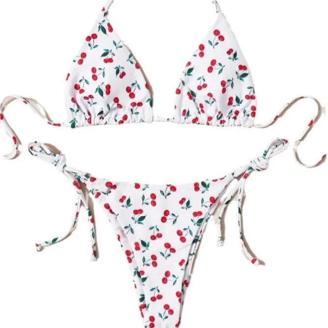 Split halter bikini set with backless briefs in solid colour with nylon lining