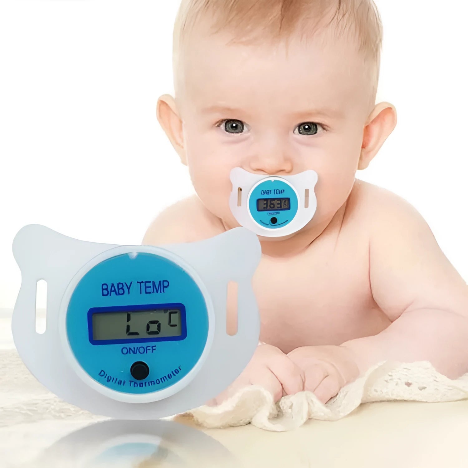 Baby pacifier digital thermometer with LCD display in pink and blue colours
