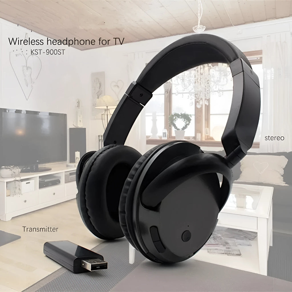 Black stereo wireless headset with USB FM transmitter and 3.5mm audio cable for wired connection.