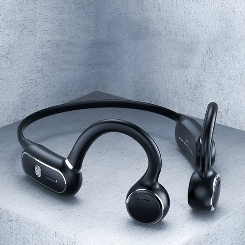 Black air conduction Bluetooth wireless earphones with a titanium alloy hook for over-ear wear.