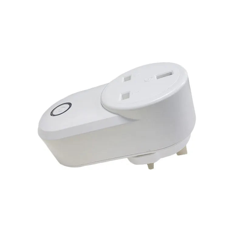 White wifi smart socket with UK British Standard three-pin plug on a table.