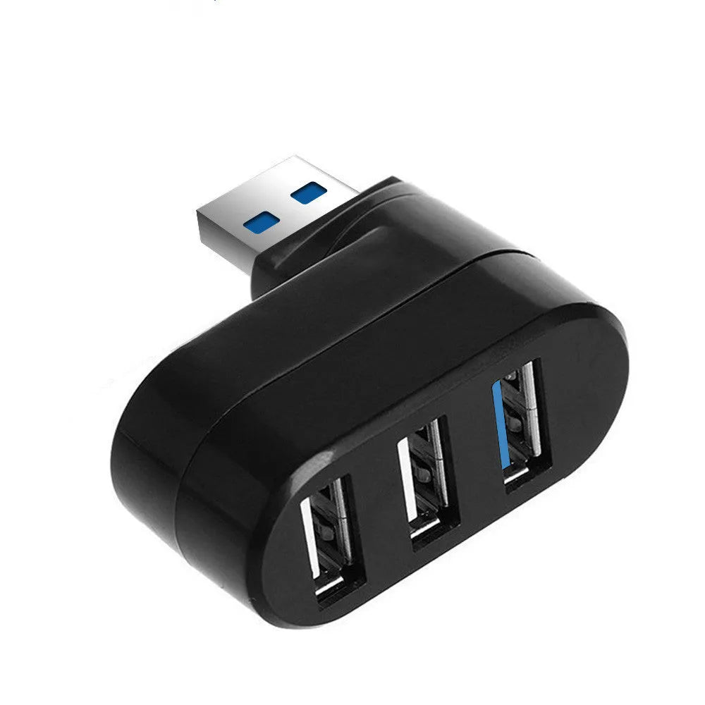 Black and white USB rotary splitter hub with four ports on a blister card.