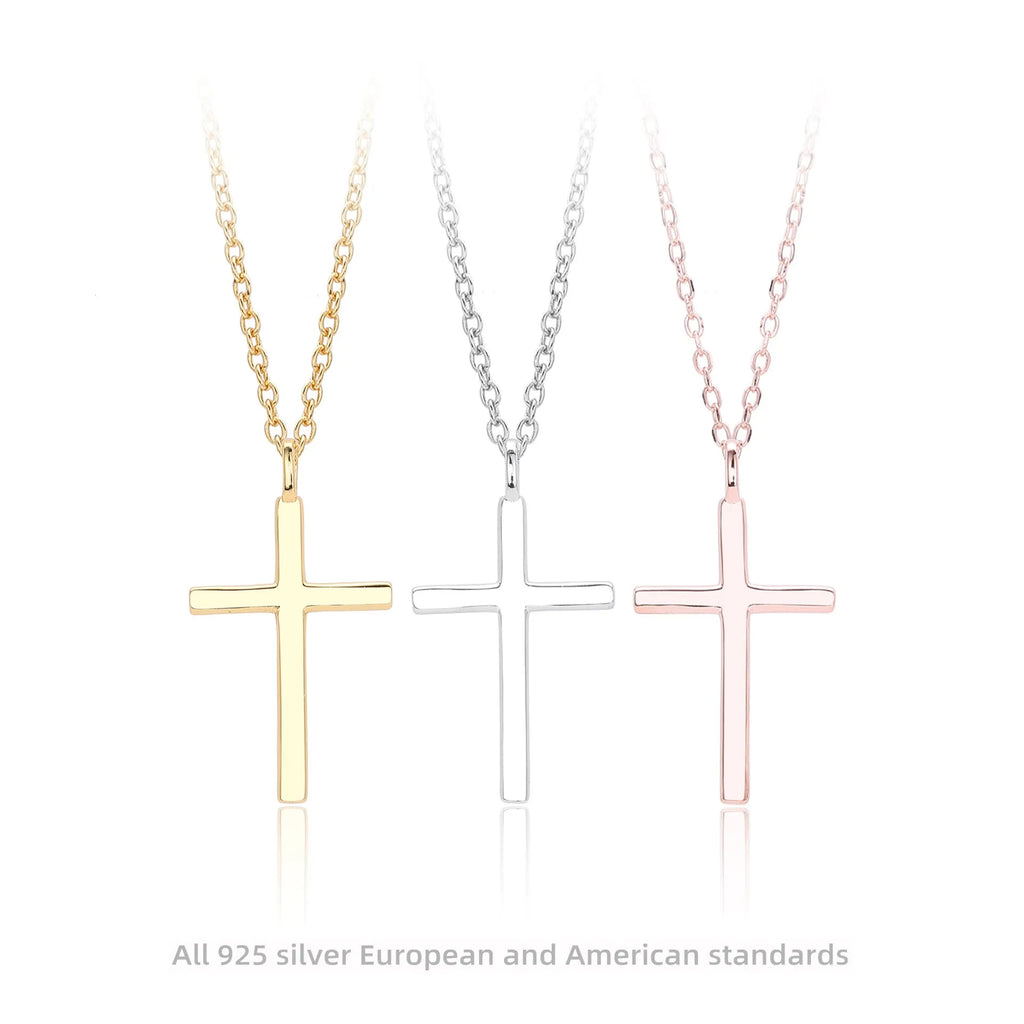 Sterling silver necklace with simple cross pendant on O-shaped chain in gold, platinum, or rose gold finish