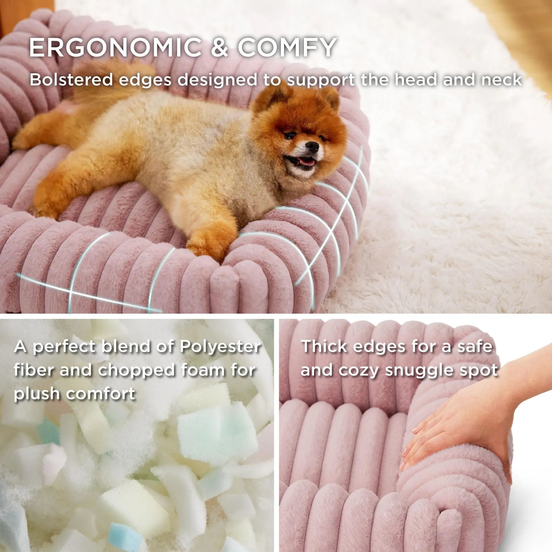 Beige raised-side pet bed for a medium-sized dog, showing padded base and supportive sides.