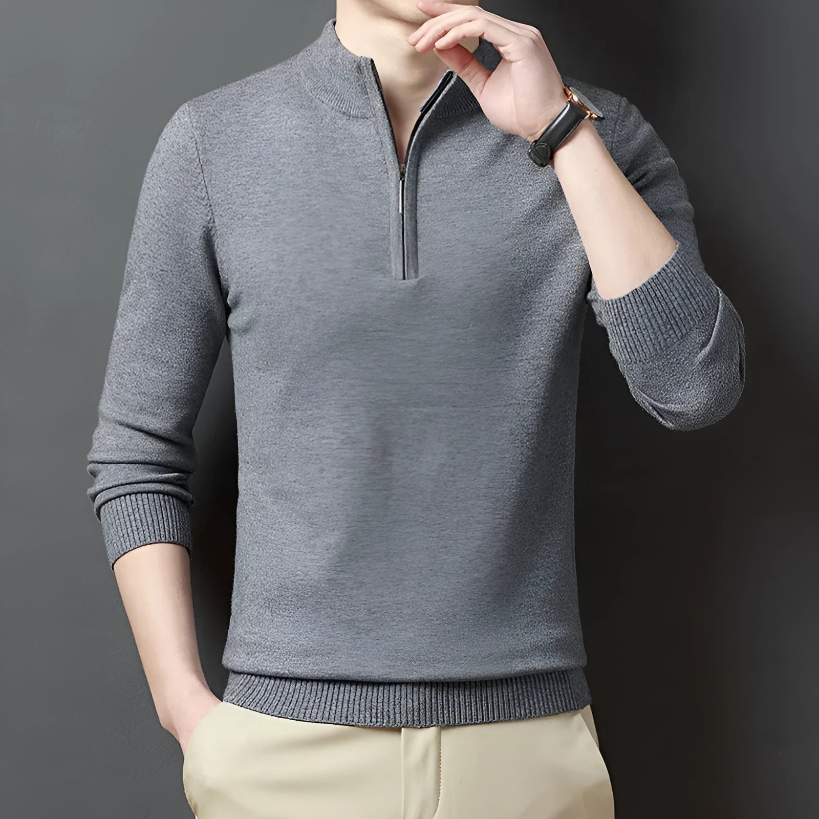 Men's zipper casual bottoming sweater loose fit long sleeve pullover in camel colour available in sizes M to 4XL
