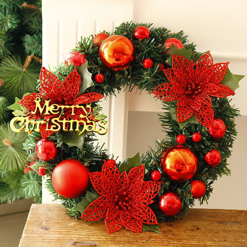 30cm multicolour plastic Christmas wreath with bendable branches on a red door.