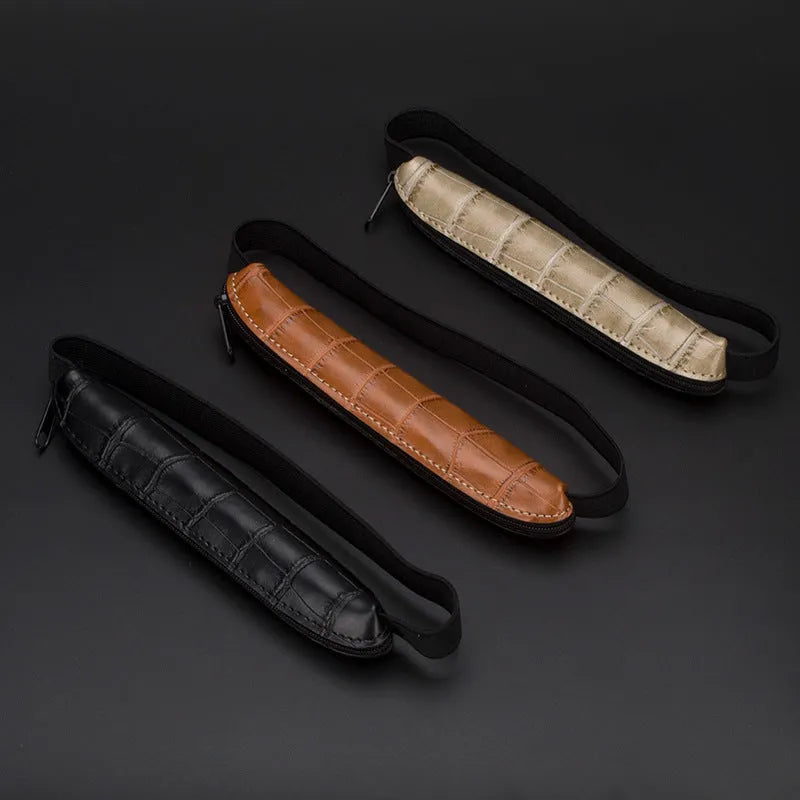 Long PU leather pencil case in beige grey, 16.5cm in length.