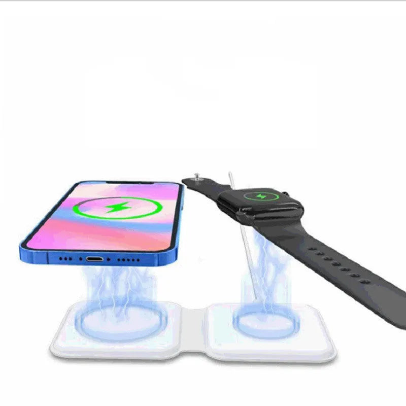 White foldable dual magnetic wireless charging dock showing 15W QI fast charging for two phones.