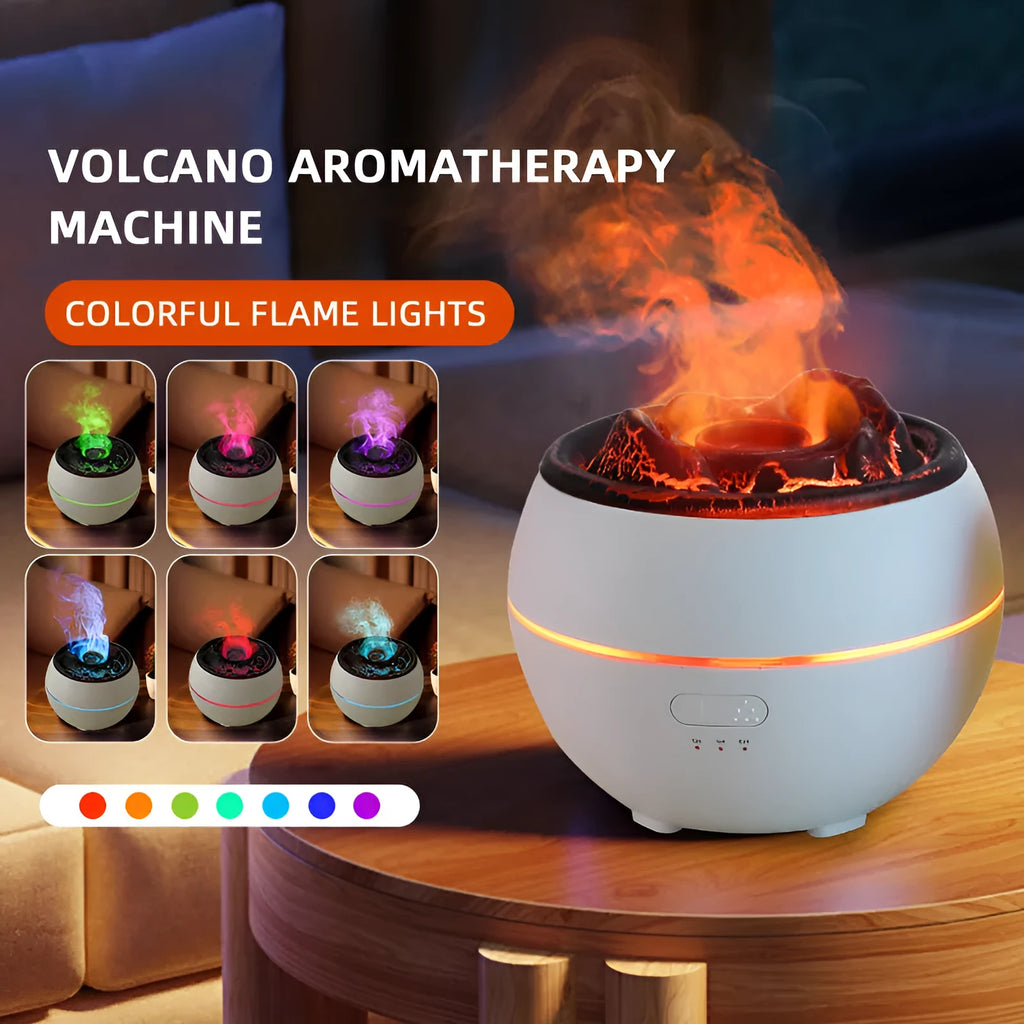 White round flame aroma diffuser humidifier with water tank and timer controls on a desk.