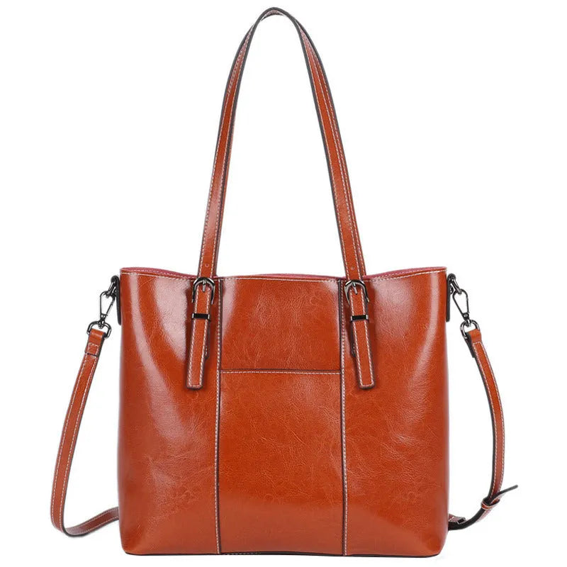 Genuine leather retro women's shoulder bag in horizontal square shape with three straps and sandwich pockets