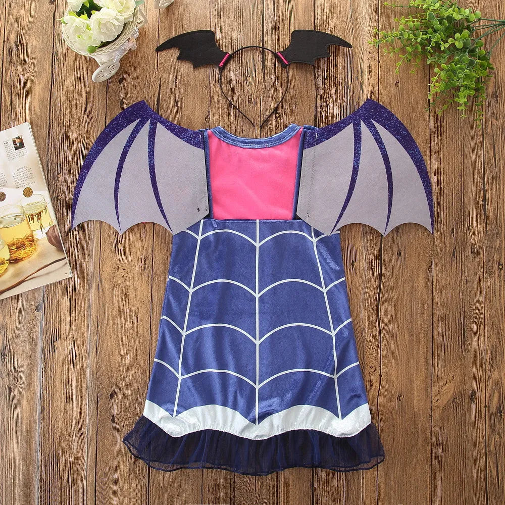 Plain blue cotton princess Halloween dress for toddler girl on hanger, showing short sleeves and simple design.