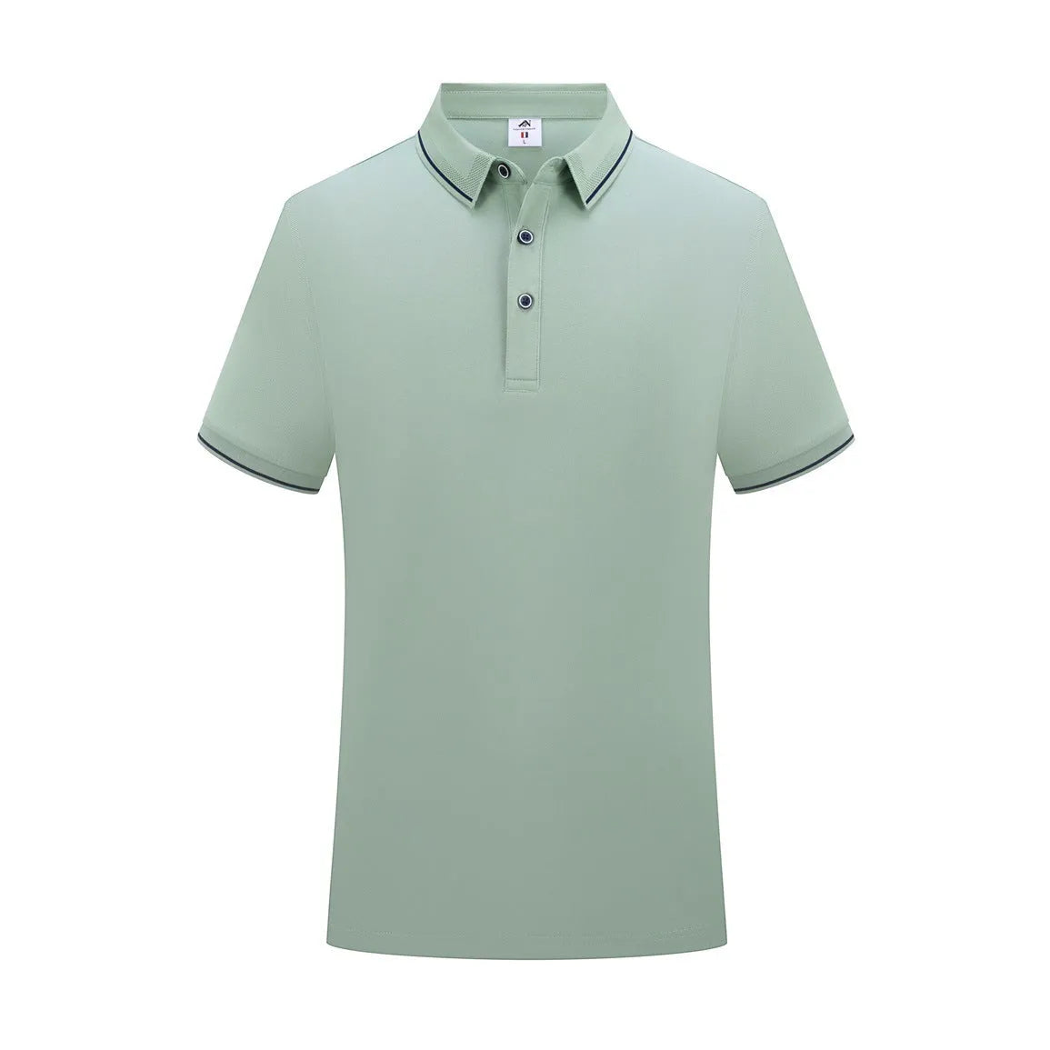 Beautician wearing a short-sleeved asymmetric polo shirt in light blue, showcasing the collar and Cool Silk Cotton fabric.