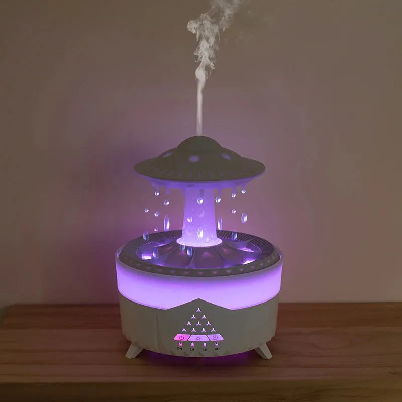 Cloud-shaped UFO raindrop humidifier with water drop sounds and night light