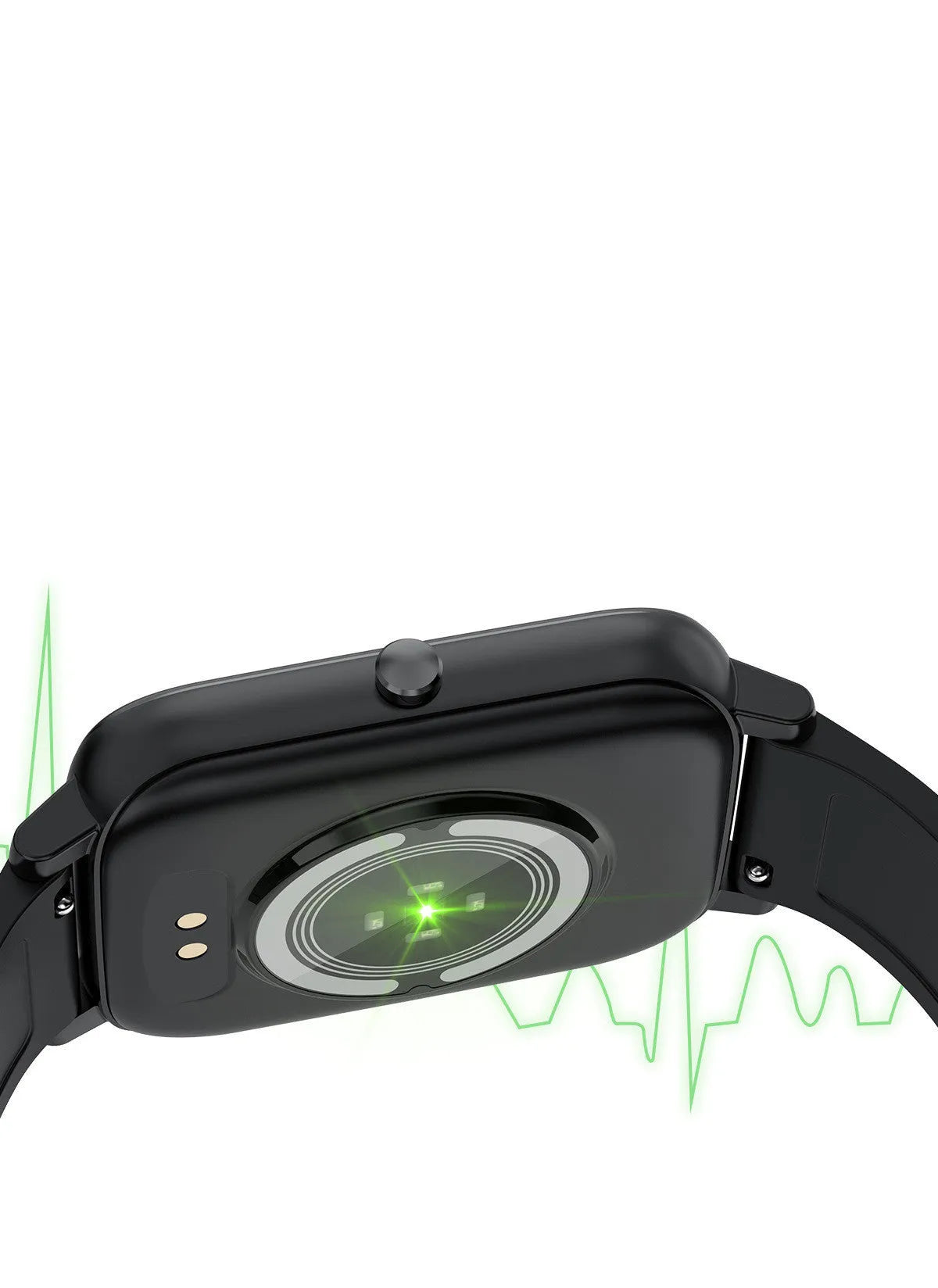 H80 black smart watch with 1.69-inch screen on a silicone strap, displaying ECG and heart rate data