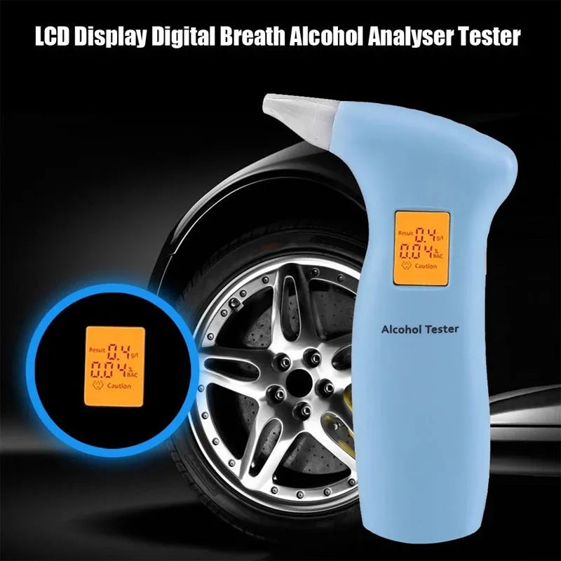 Portable orange light breath alcohol tester with four replaceable mouthpieces and user manual.