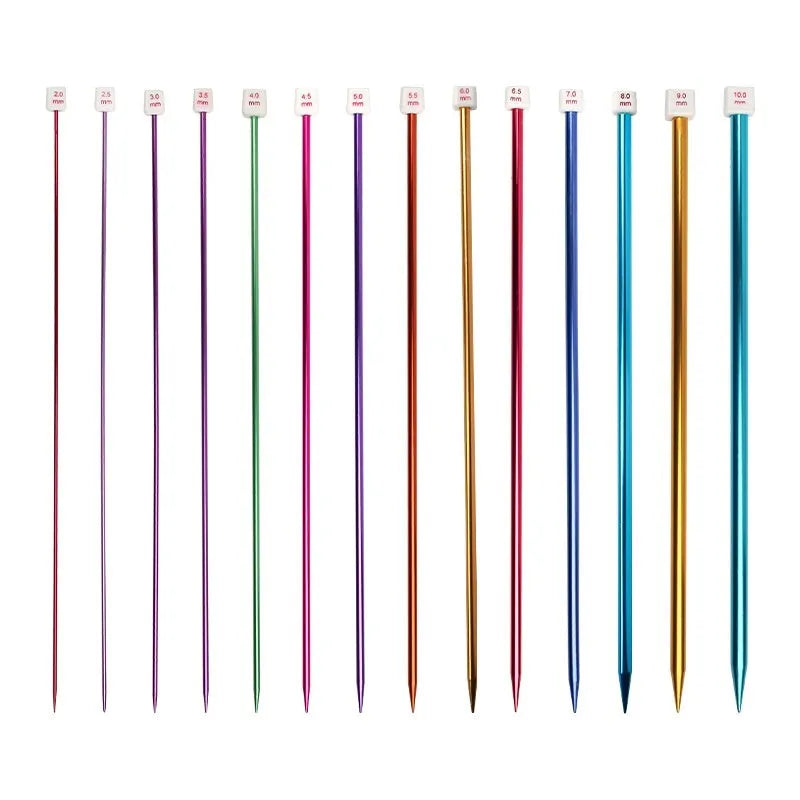 Set of lengthened crochet hooks with protective caps, showing hooks in various metric sizes from 2.0mm to 10.0mm.