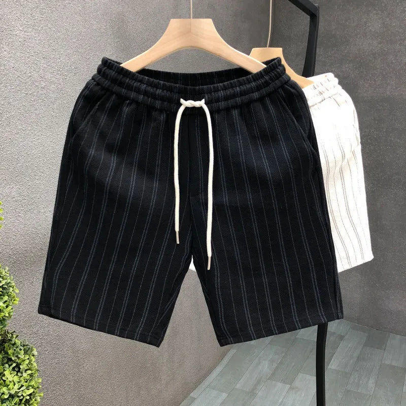 Men's black and white striped fleece-lined casual shorts with straight leg and ankle banded design