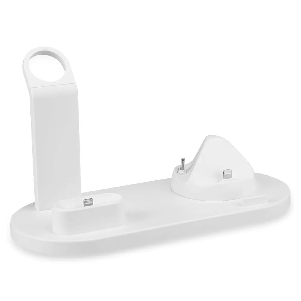White headphone charging stand with three USB charging ports for wireless headphones