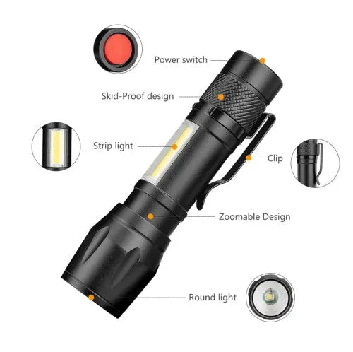 Black aluminium telescopic zoom LED flashlight with clip, shown zoomed in and out.