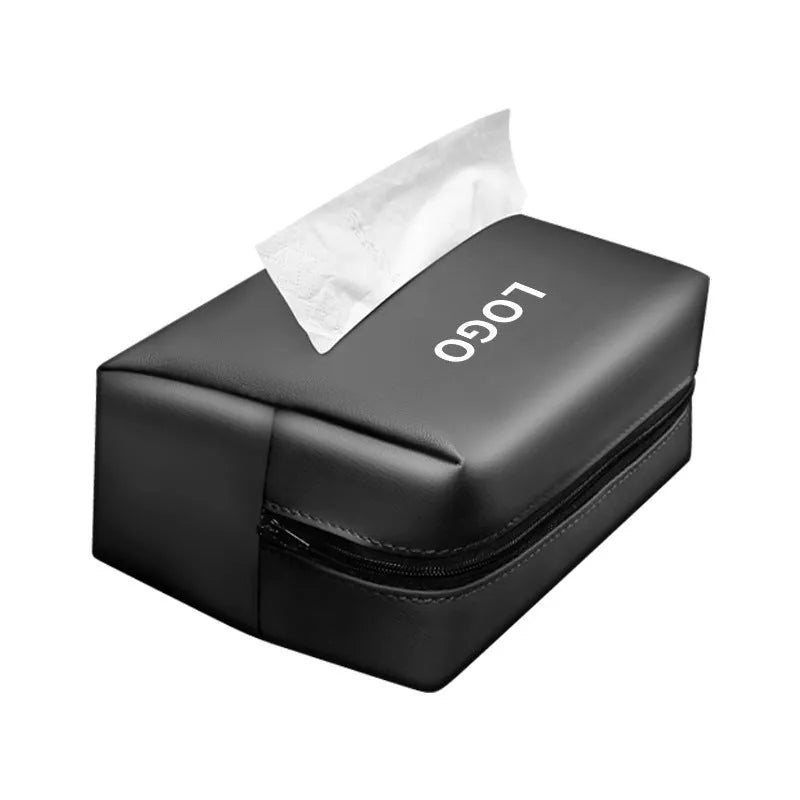 Leather car tissue paper extraction box in black, 18cm by 12.5cm by 9cm