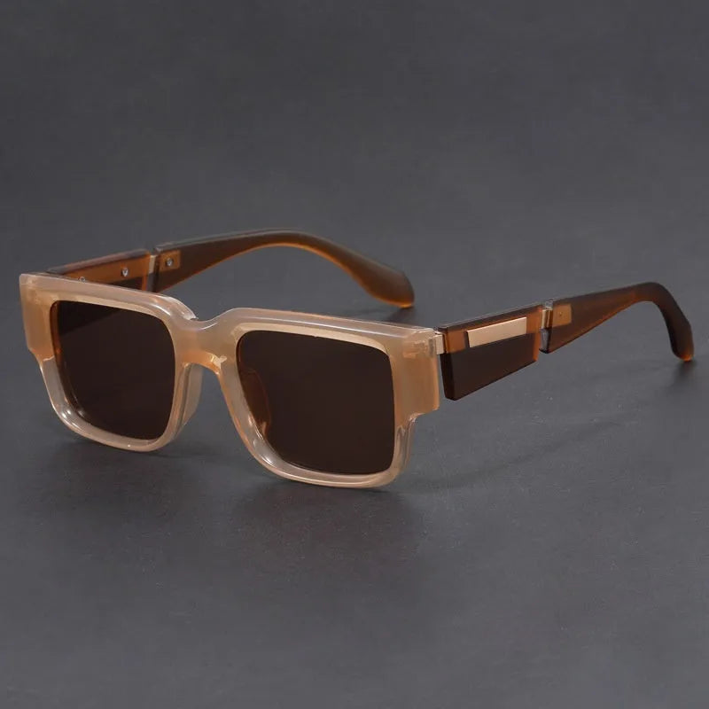 Blue frame sunglasses with grey-blue lenses and thick square retro design