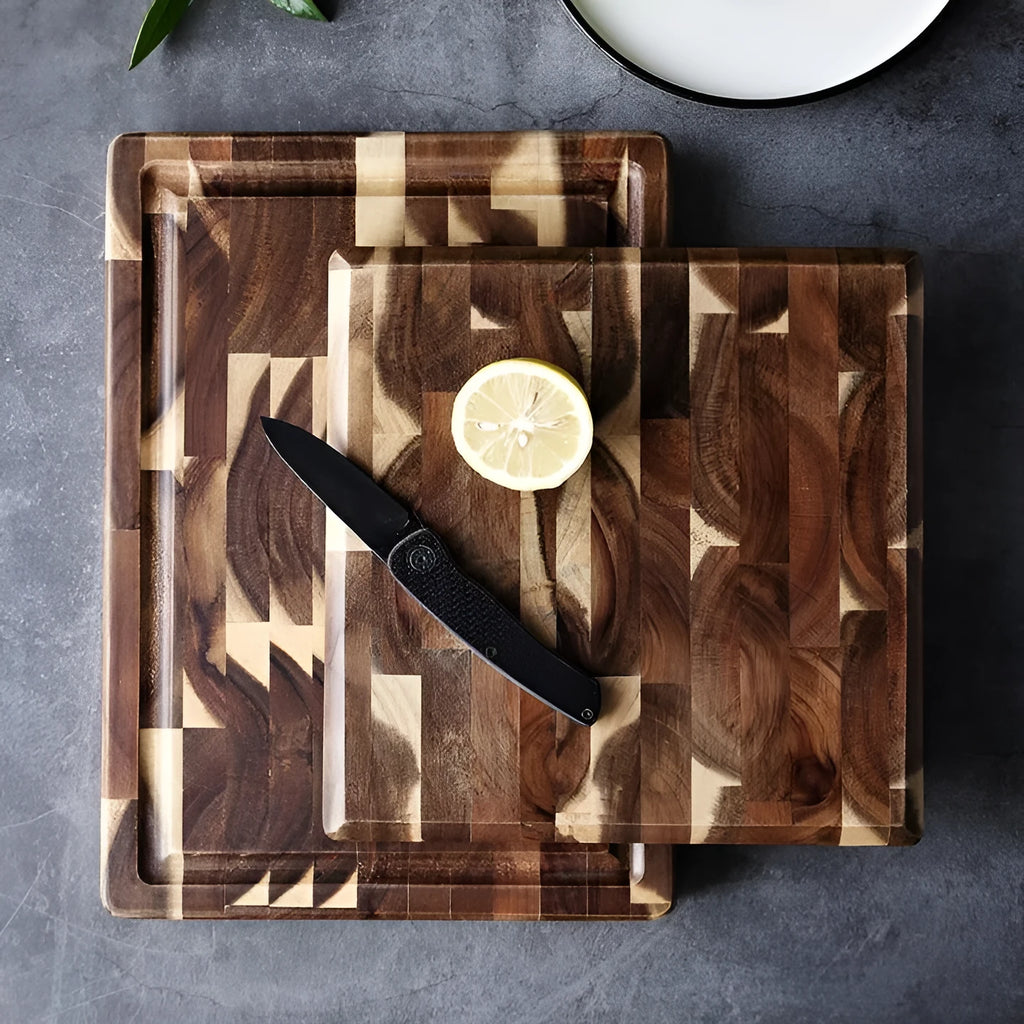 Brown acacia solid wood cutting board showing 3cm thickness edge