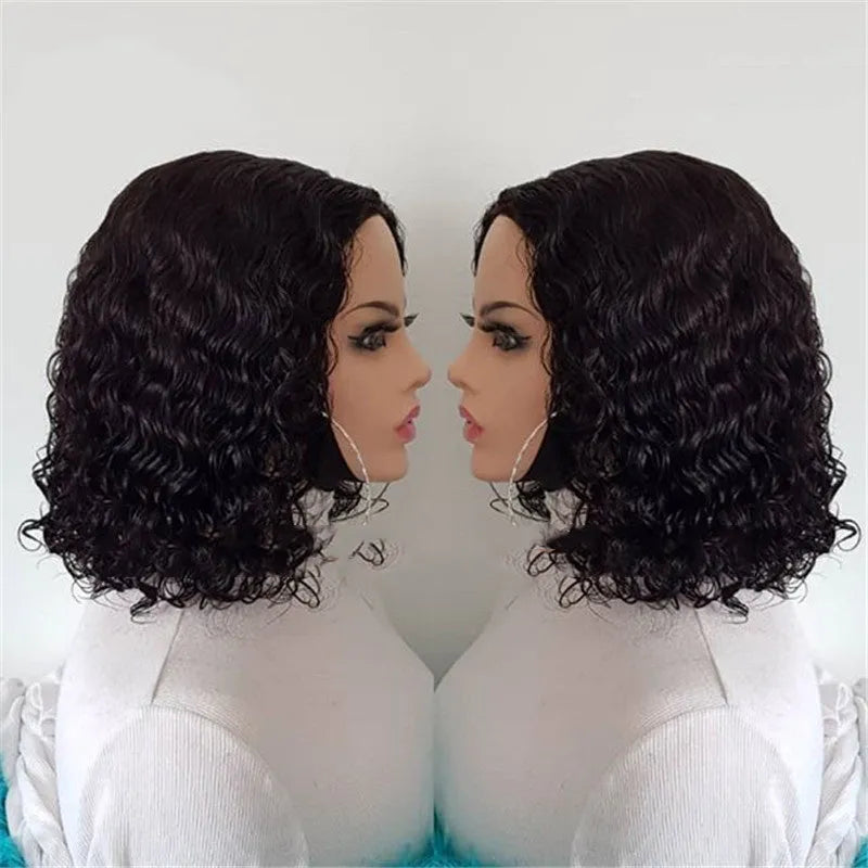BOB Kinky Curly real hair wig for ladies, short black colour with Qi bangs, 150% density
