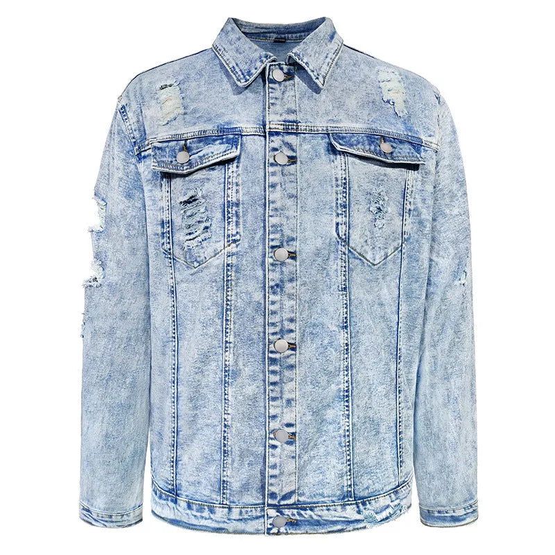Men's slim fit blue denim shirt jacket with polo collar and size stick pocket on chest