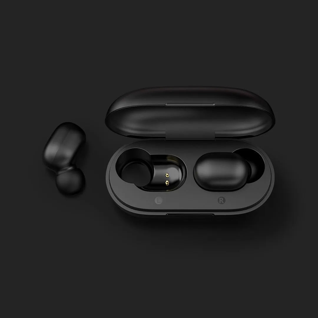 Black true wireless Bluetooth earbuds with charging case