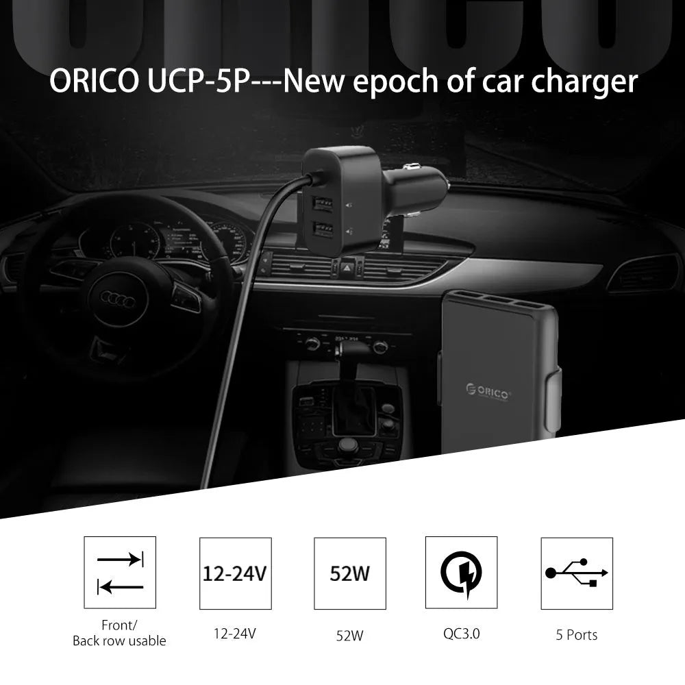 ORICO 5 port 52W QC3.0 car charger with fireproof PC ABS housing black