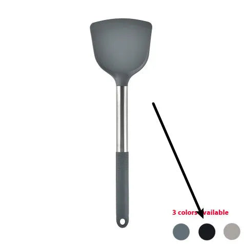 12-piece silicone kitchen utensil set in rotating storage bucket, showing spatula, ladle, and other tools.