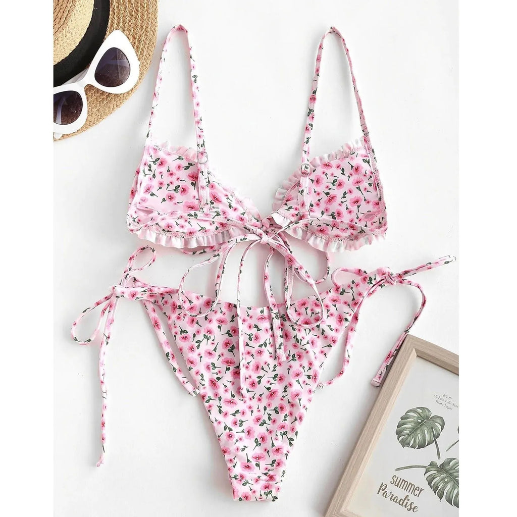 Women's printed bikini swimsuit with rope detailing in blue colour option