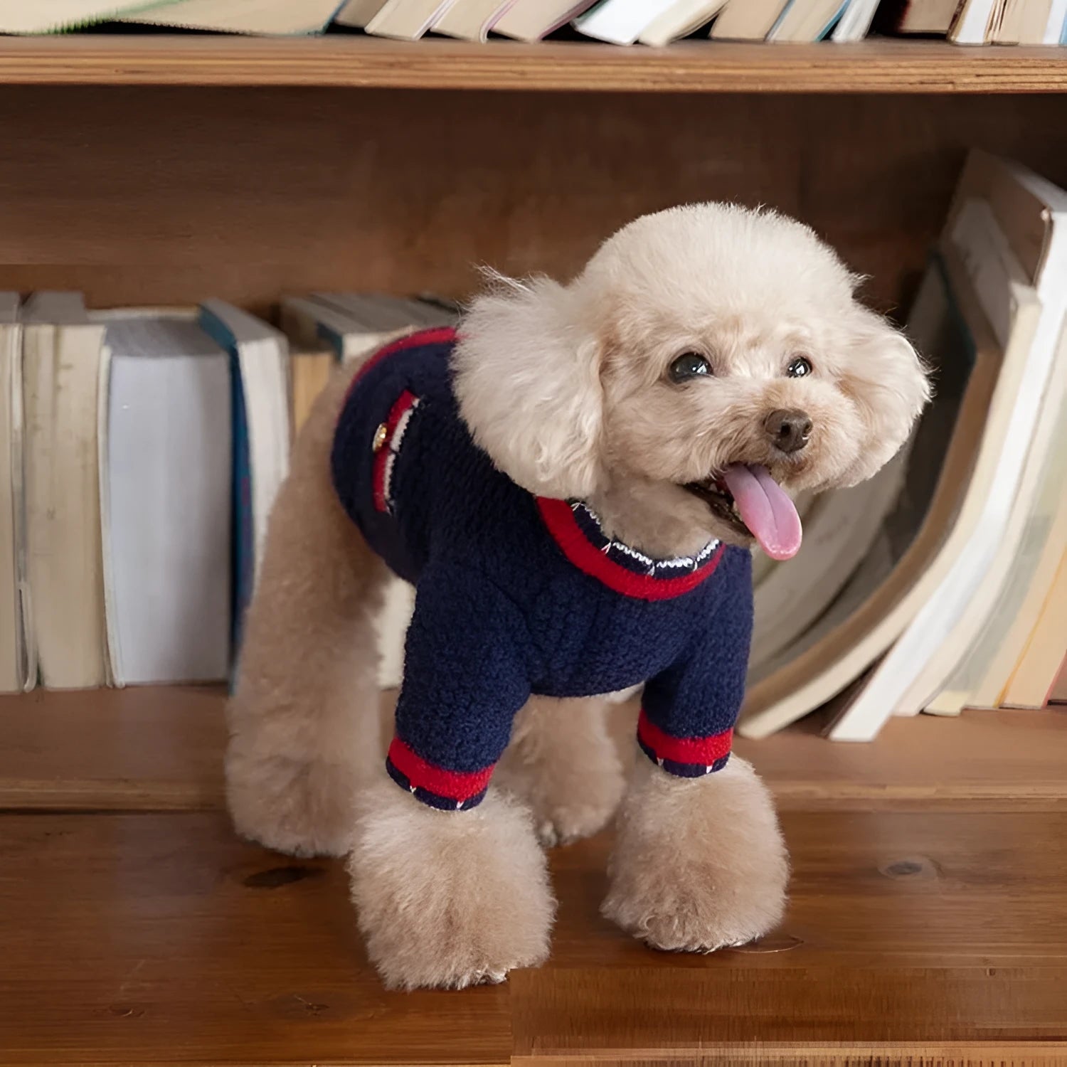Blue wool pet cardigan with princess styling on dog model showing classic design