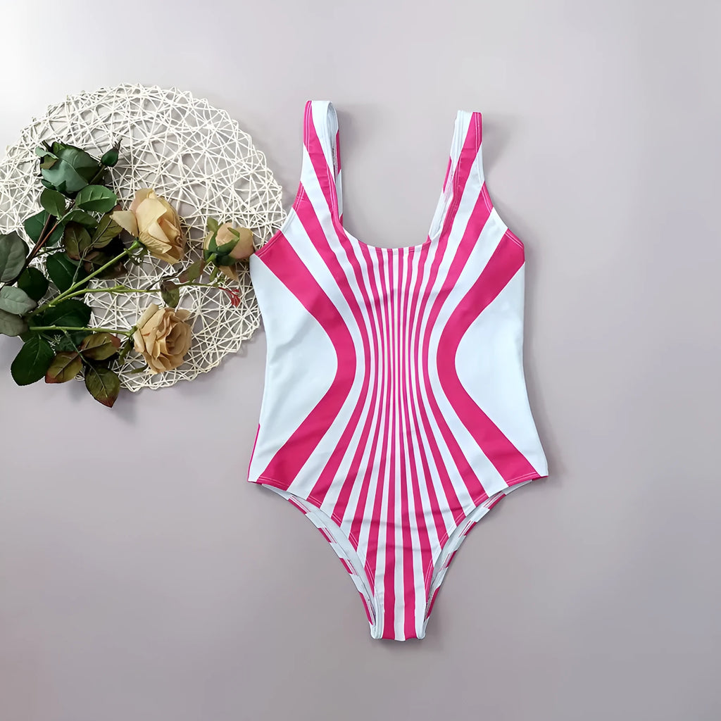 Pink and white striped one-piece swimsuit for women with digital printing on the front and back.