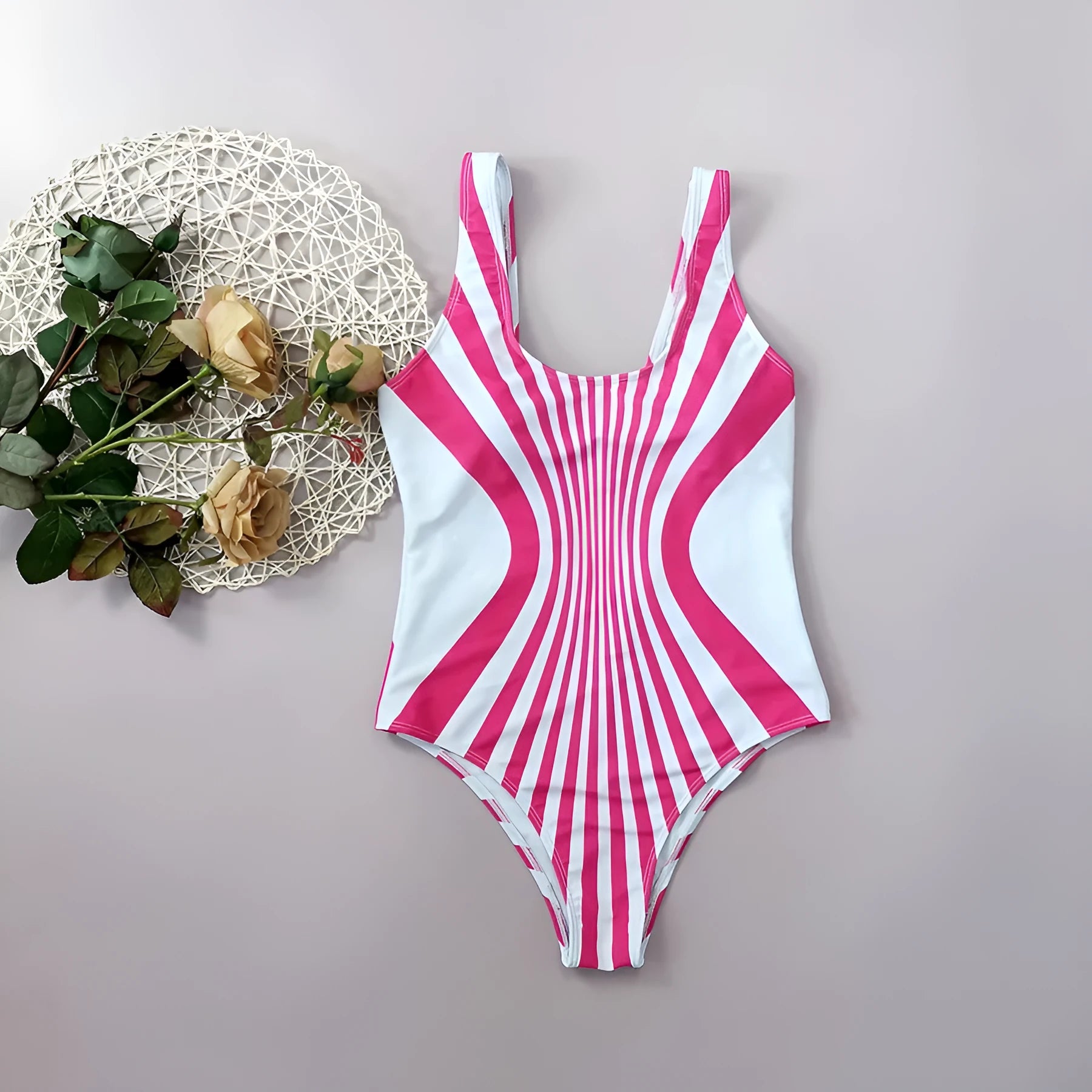 Pink and white striped one-piece swimsuit for women with digital printing on the front and back.