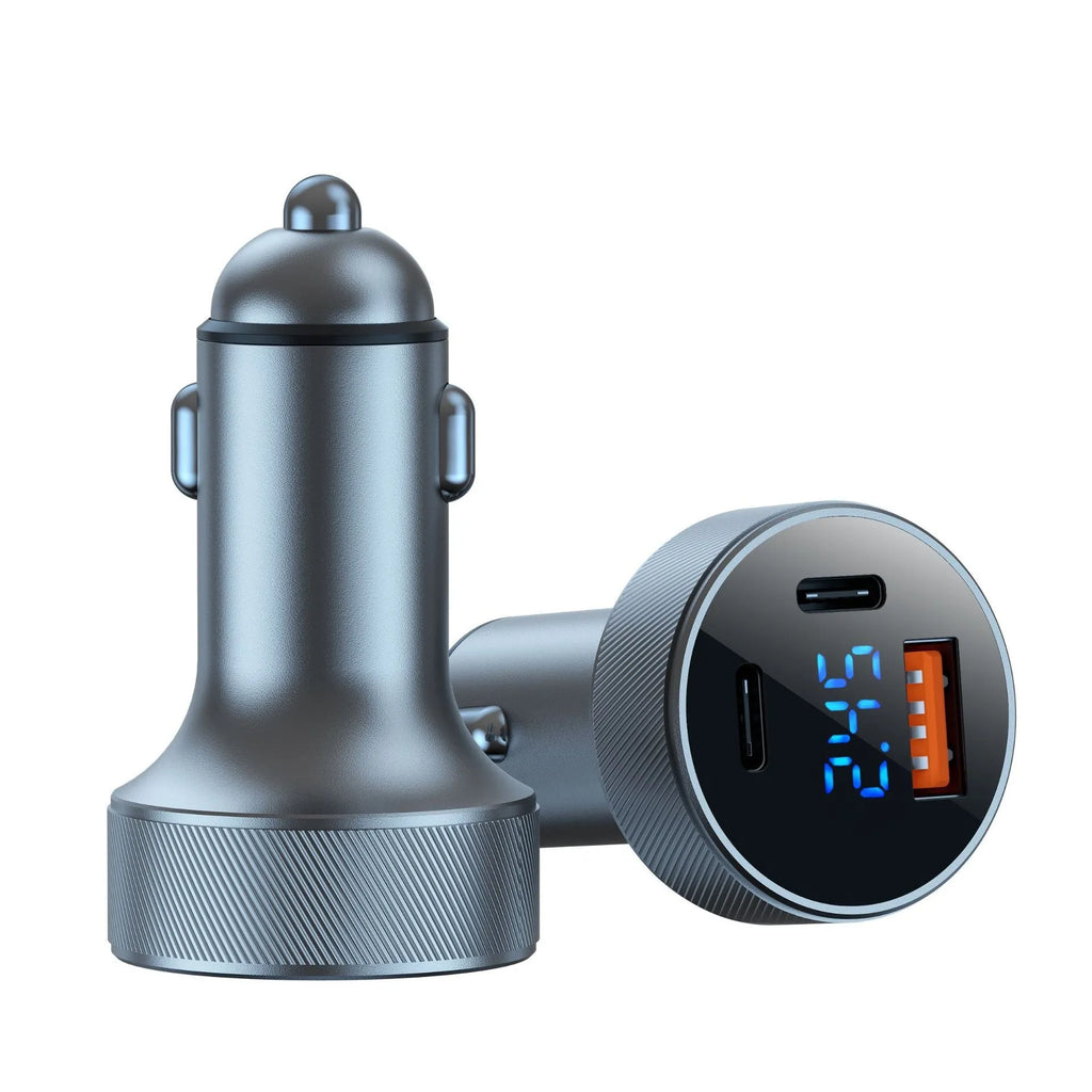 Black aluminium alloy car charger with digital display and three cigarette lighter ports.