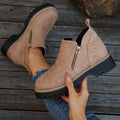 Suede ankle boots with side zipper, chunky heel, round toe, low tube, solid colour women's footwear