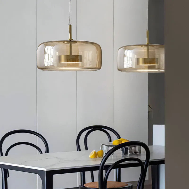 Simple glass chandelier with LED warm light in Cognac colour for living room ceiling installation