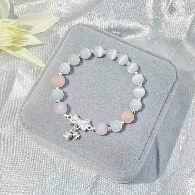 Lavender purple bowknot two-shihuan opal bracelet with 10mm electroplated crystal beads