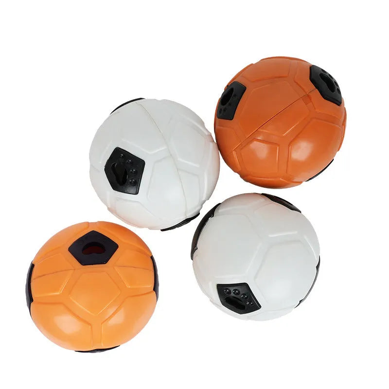 Orange and white TPR rubber dog toy ball showing hollow and teeth cleaning stick variations