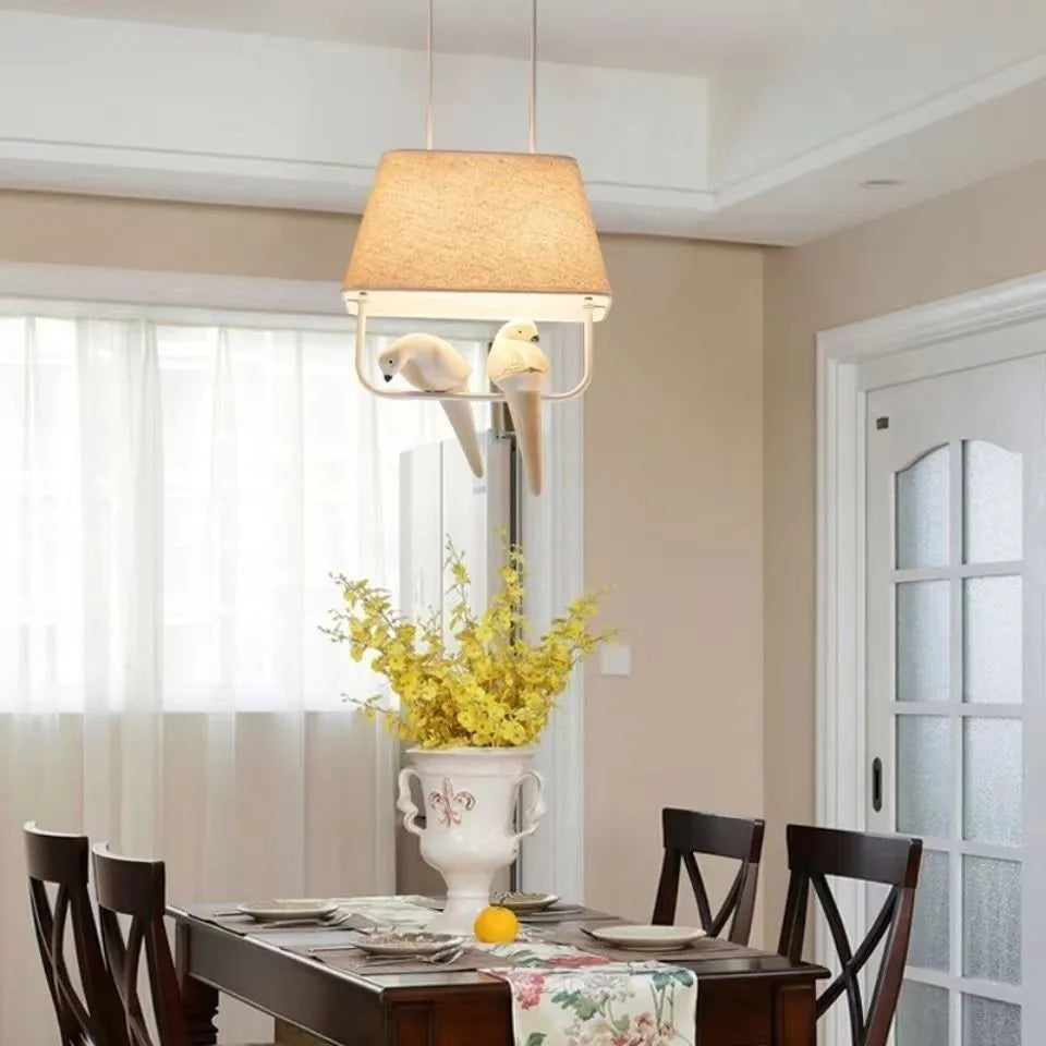 Bird theme chandelier ceiling lamp with fabric shade and iron frame