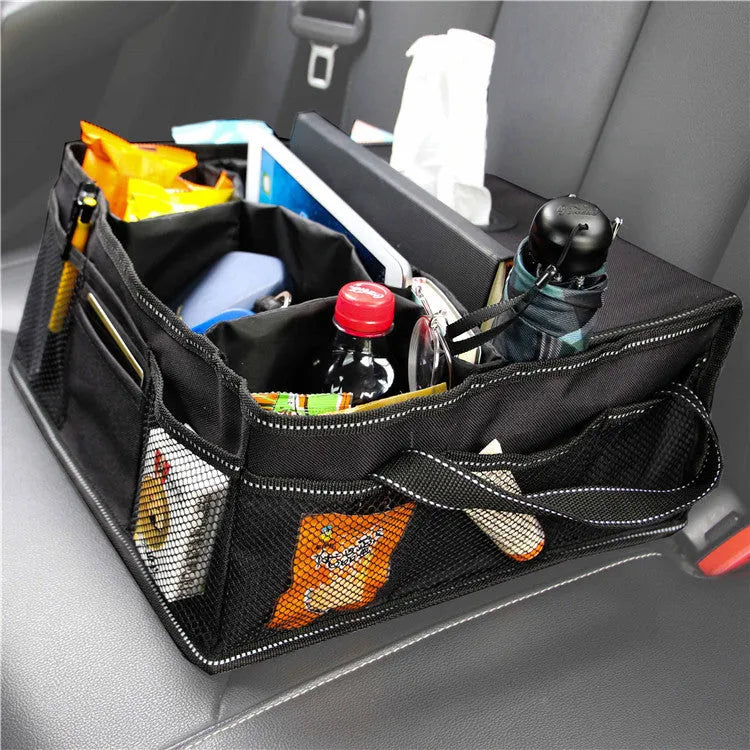 Black collapsible Oxford cloth storage box for car boot organisation, dimensions 33cm x 33cm x 16cm.