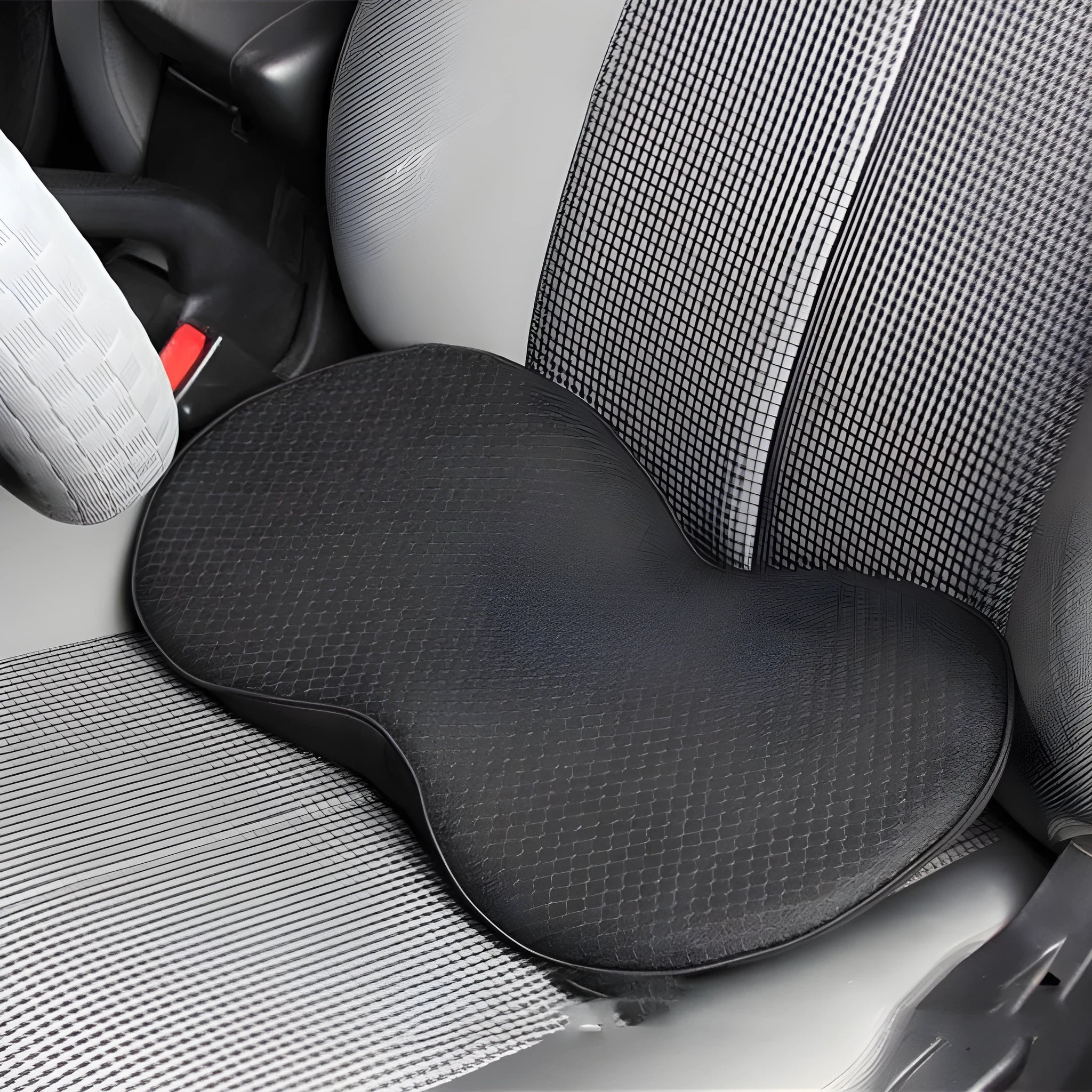 Flat car seat cushion with memory foam filler in beige colour on vehicle seat