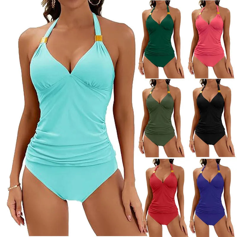 Women's solid colour halter neck two-piece swimsuit with split-tie briefs