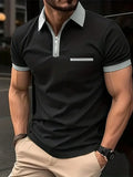Man wearing a loose-fit short-sleeve casual shirt with a chest pocket and a zipper decoration on the front.