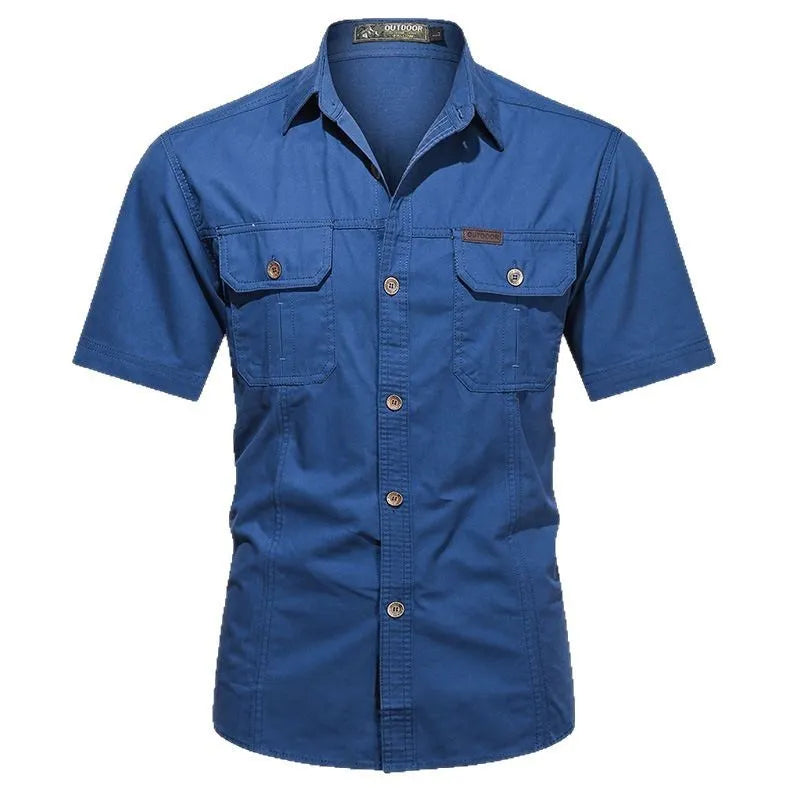 Men's loose short sleeve cotton work shirt in army green colour on hanger