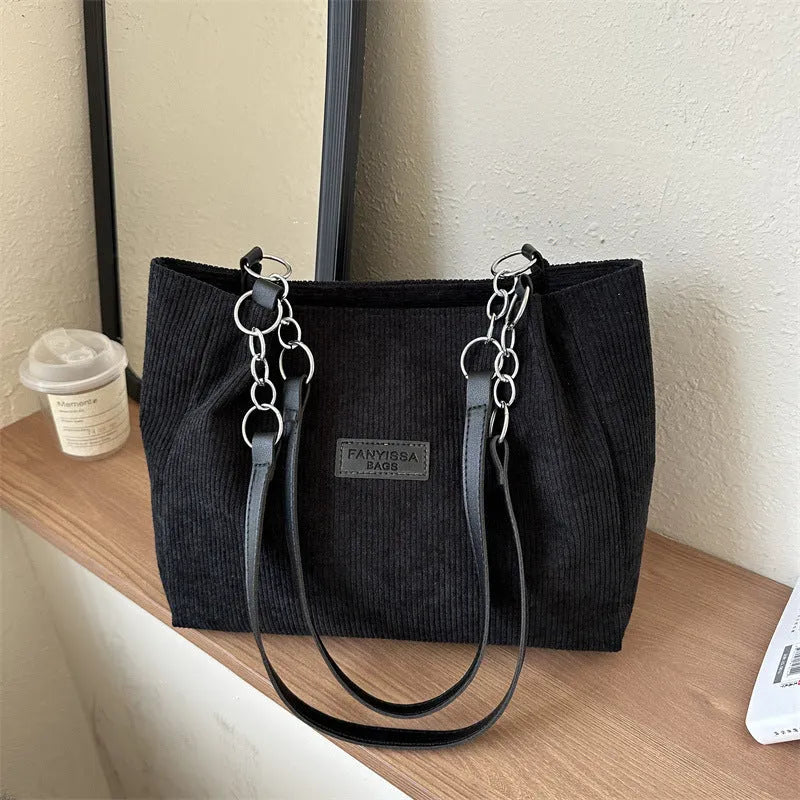 Corduroy women's tote bag with one shoulder strap and three-dimensional pocket