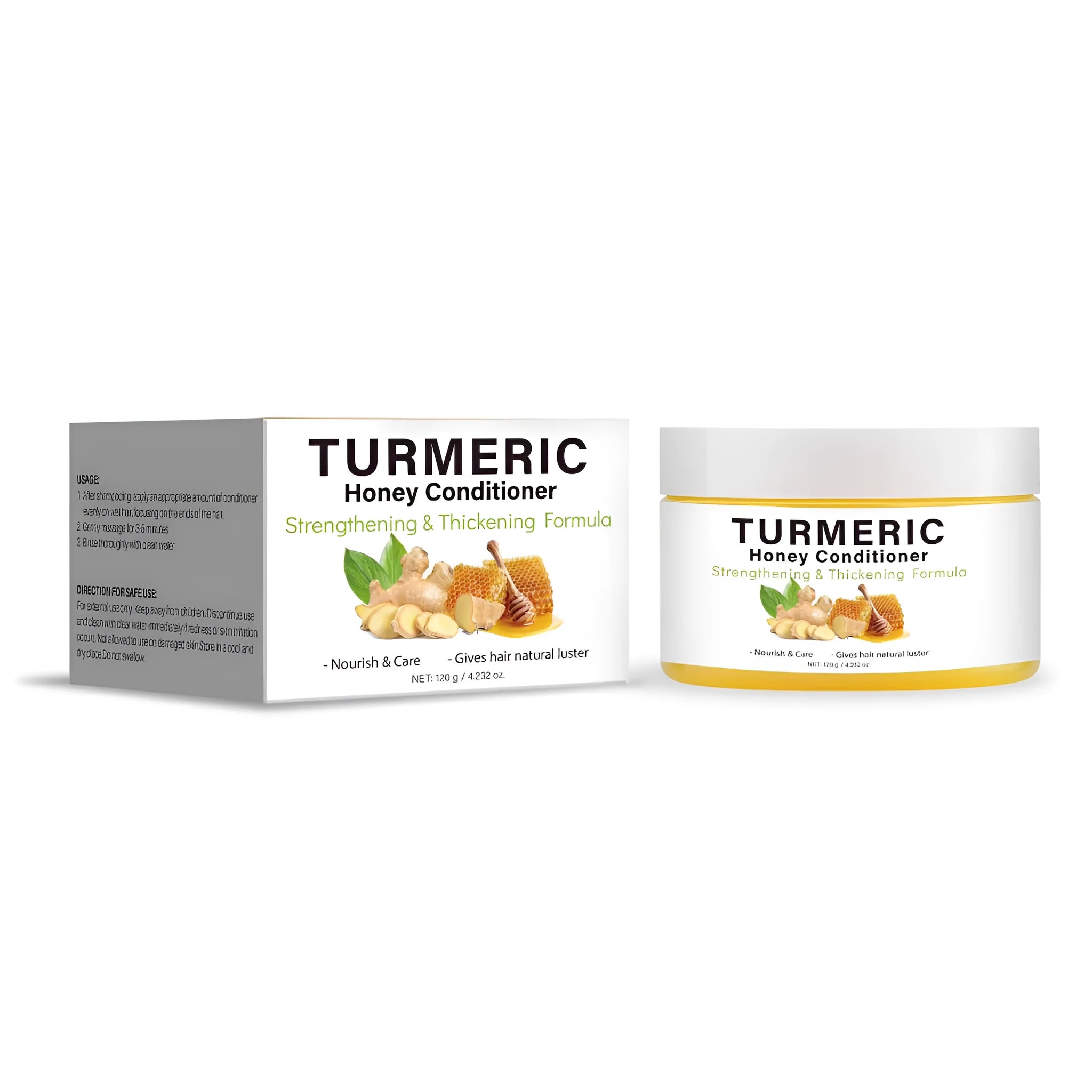 Turmeric honey hair conditioner bottle showing 120g net content with golden formula